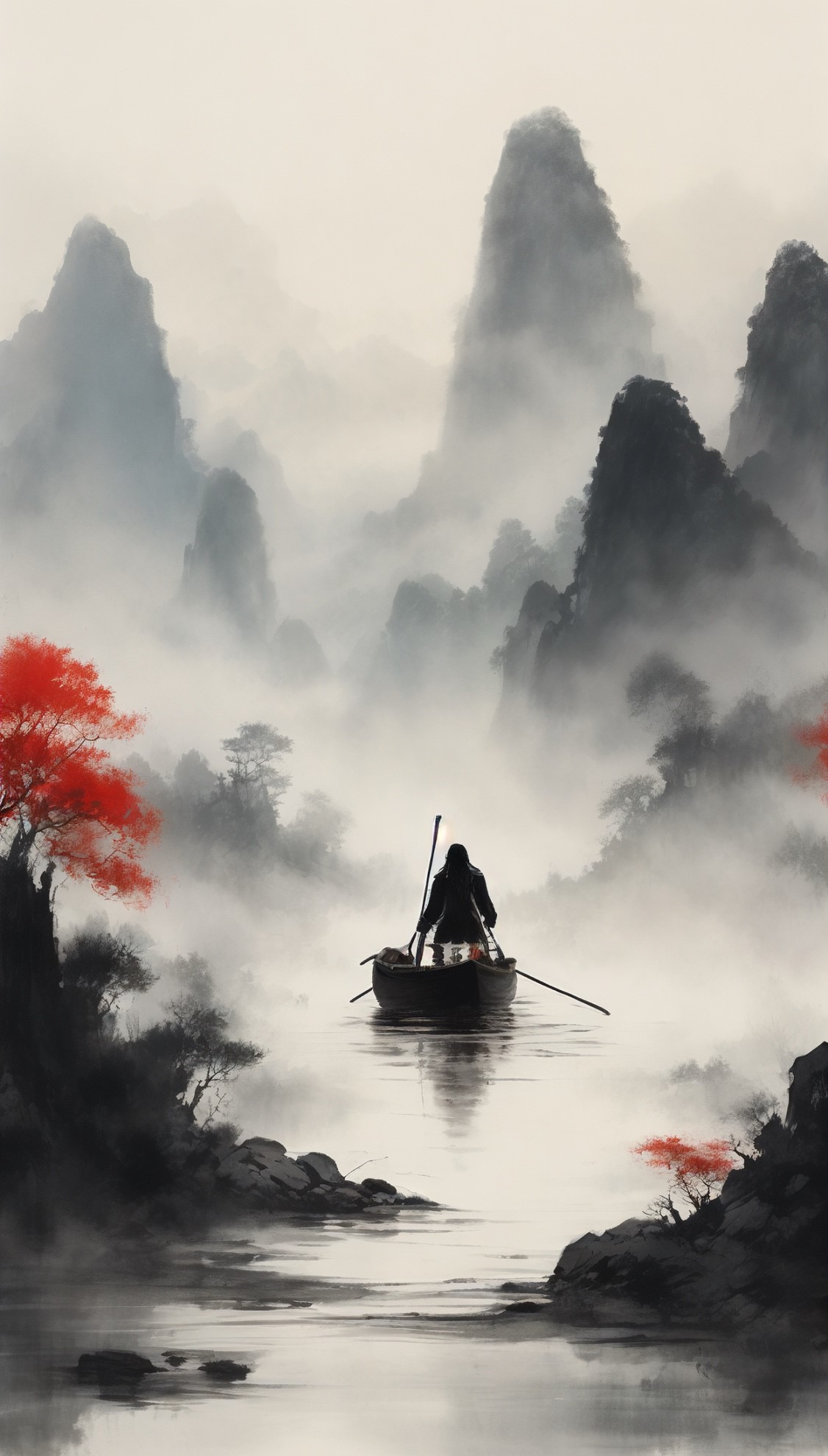 Man in canoe in fog